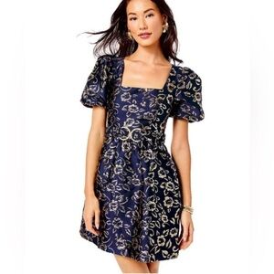 Lilly Pulitzer Kasslyn LOW TIDE NAVY PUFF FLORAL BROCADE dress size 16